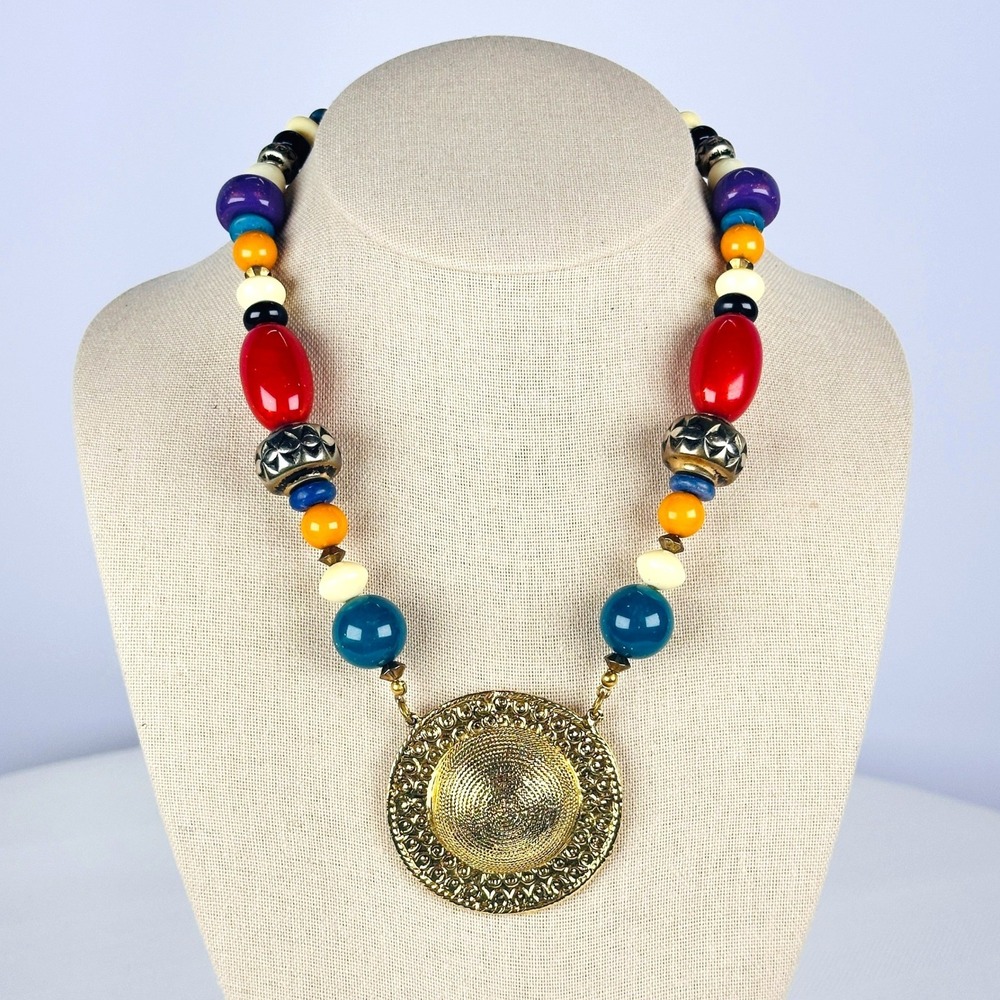 Carol Dauplaise Vintage Designer Multicolor Bead Gold Medallion Necklace Boho